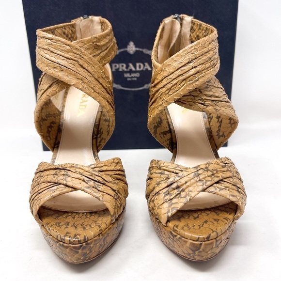 Prada Genuine Leather Tan Opaca Cammello Snake Skin Sandal High Heel Size 36.5 - Picture 4 of 9
